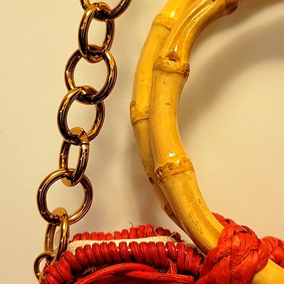 Zara Rattan City Bag Round Handles Fake Bamboo Removable Chain Crossbody Red - Picture 9 of 11